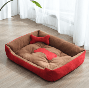 Kennel Four Seasons Golden Retriever Teddy Kennel Bed Mat Small Medium Dog (Option: Red coffee-Bone-A)